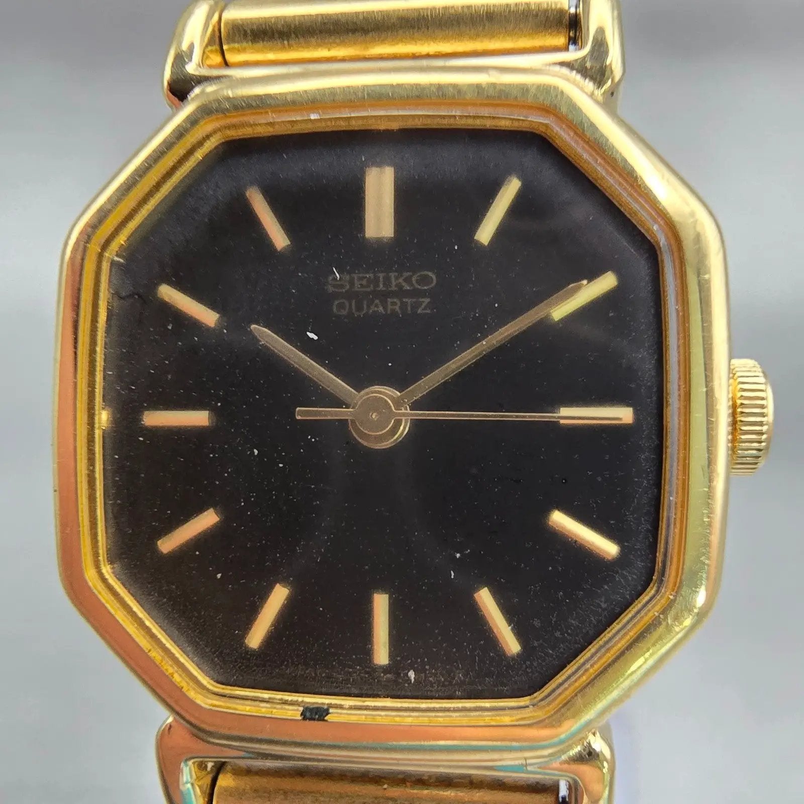 Seiko Watch Women 20mm Black Dial Gold Tone Hexagon 2C21-5170 New Battery VTG1