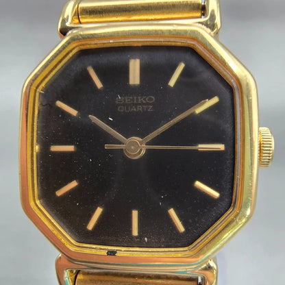 Seiko Watch Women 20mm Black Dial Gold Tone Hexagon 2C21-5170 New Battery VTG1