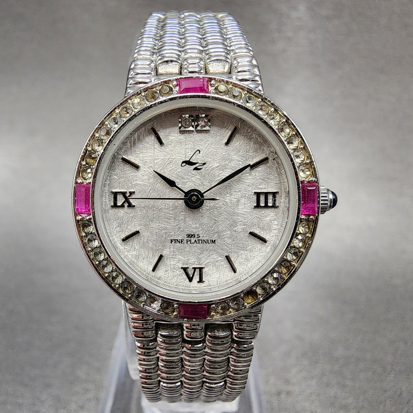 LZ Watch Women 25mm White Dial Silver Tone Ruby Bezel Diamonds Fine Plat New Bat0
