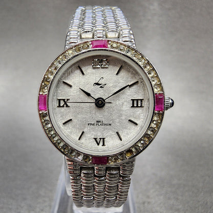 LZ Watch Women 25mm White Dial Silver Tone Ruby Bezel Diamonds Fine Plat New Bat0