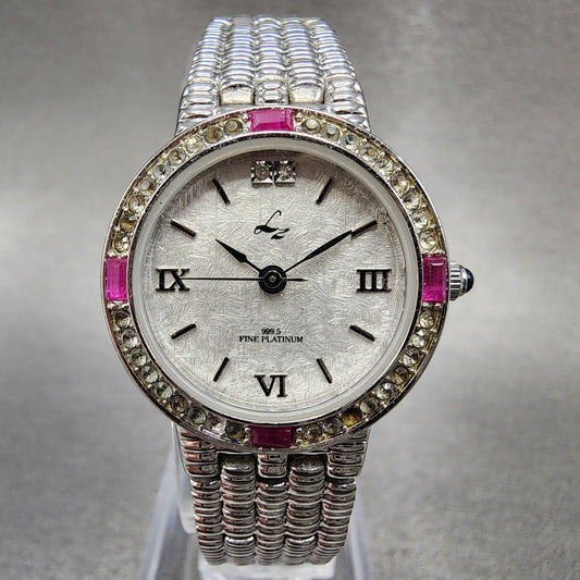 LZ Watch Women 25mm White Dial Silver Tone Ruby Bezel Diamonds Fine Plat New Bat0