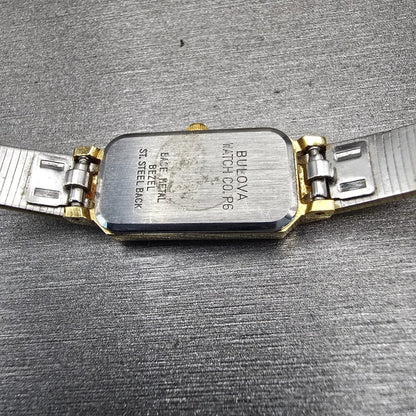 Bulova Watch Women 12mm Silver Dial Gold Tone Rectangle New Battery 92T36 VTG10
