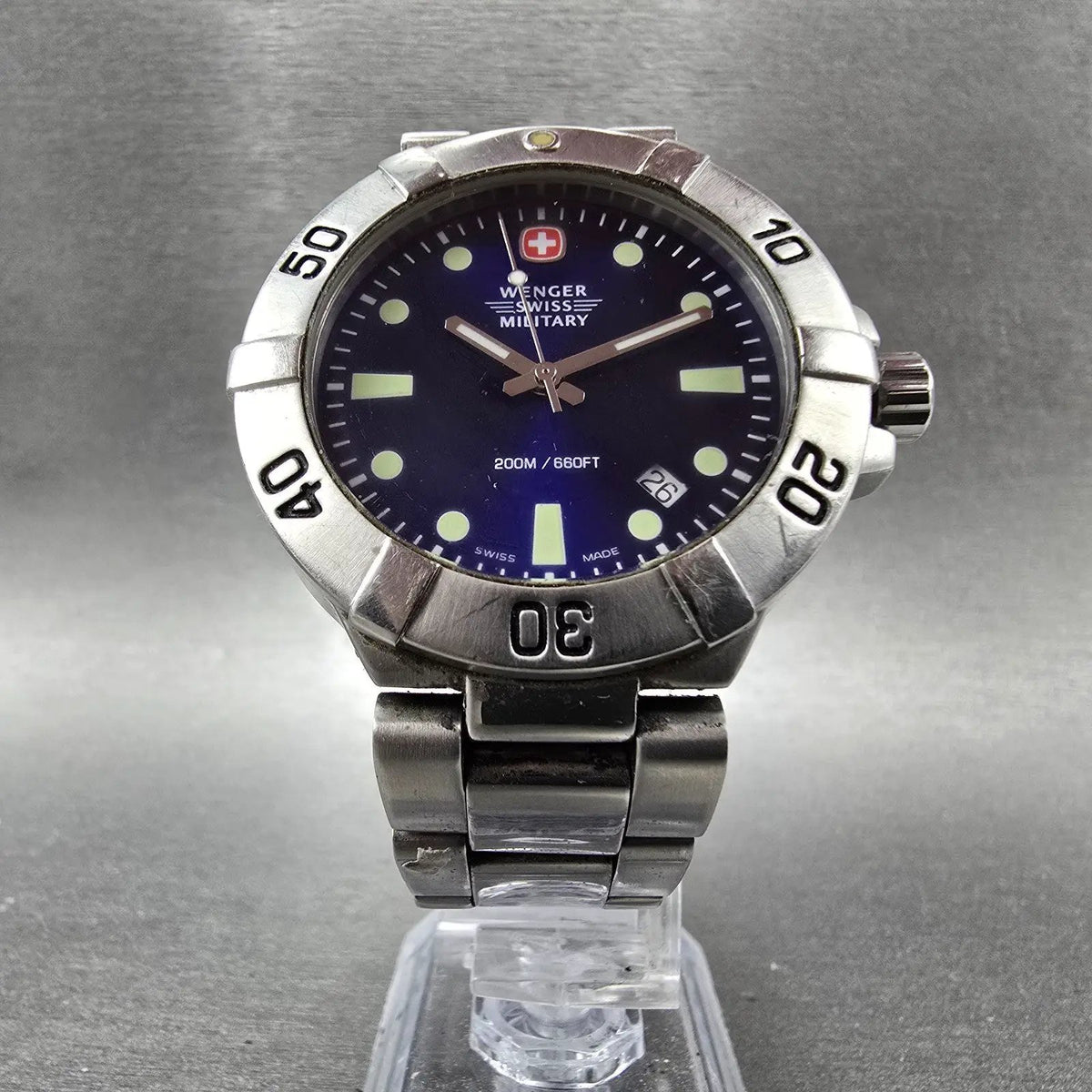 Wenger Swiss Military Dive Watch Men 40mm Blue Dial Steel Date READ!!! New Batt6