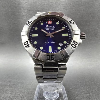Wenger Swiss Military Dive Watch Men 40mm Blue Dial Steel Date READ!!! New Batt6