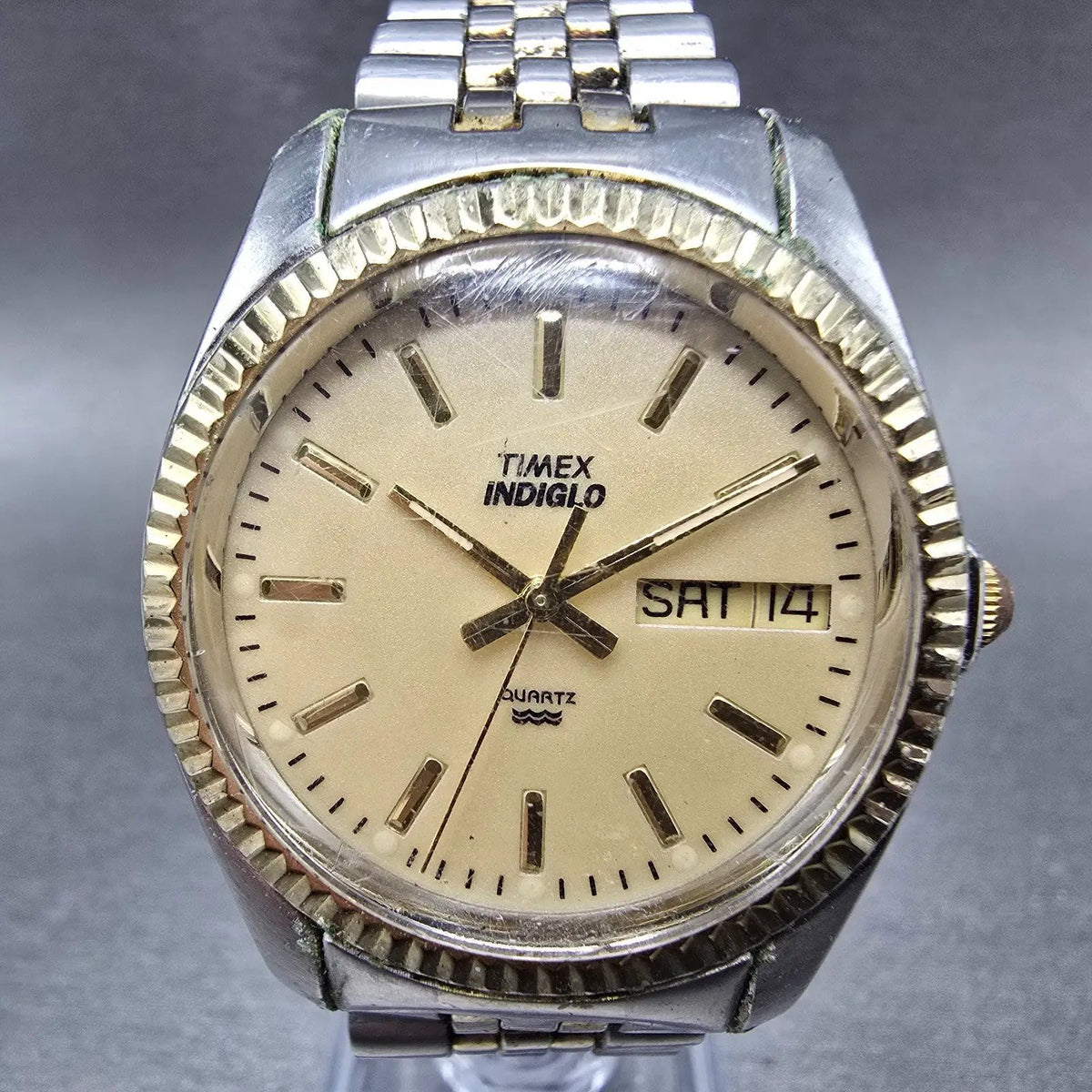 Timex President Watch Men 34mm Champagne Dial Two Tone Daydate Round New Batt 50
