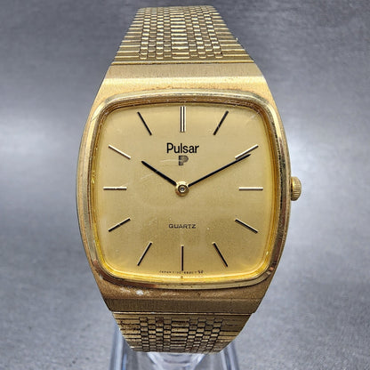 Pulsar Tank Watch Men 31mm Gold Dial Gold Tone Rectangle Y1005599 New battery0