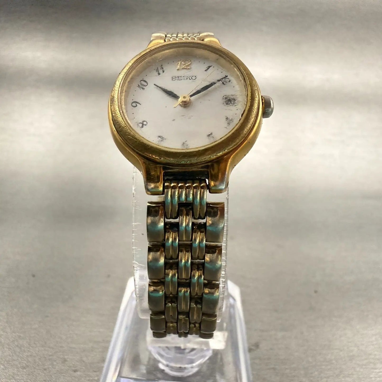 Seiko Watch Women 23mm White Dial Gold Tone Date Round 7N82-0228 New Battery VTG5