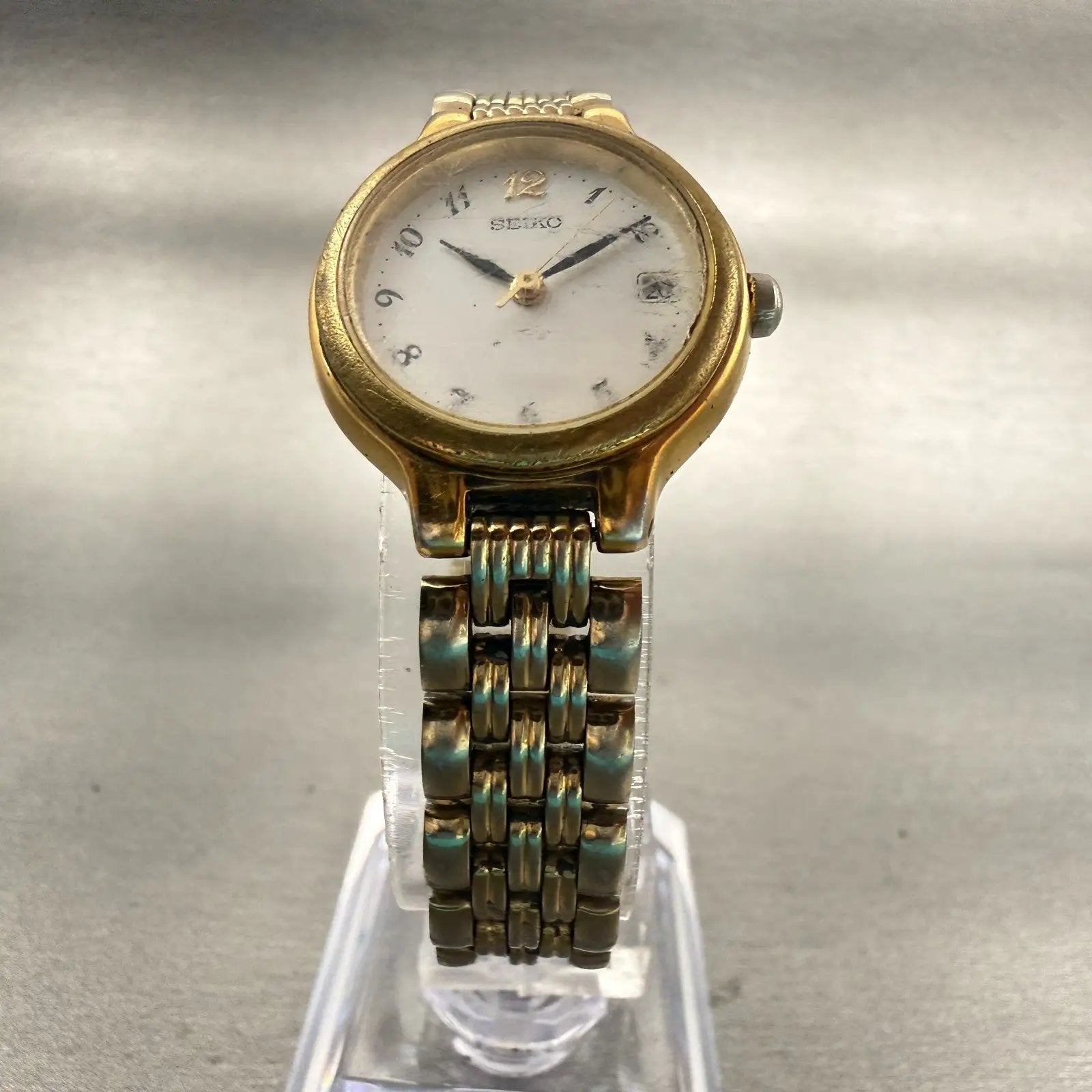 Seiko Watch Women 23mm White Dial Gold Tone Date Round 7N82-0228 New Battery VTG5