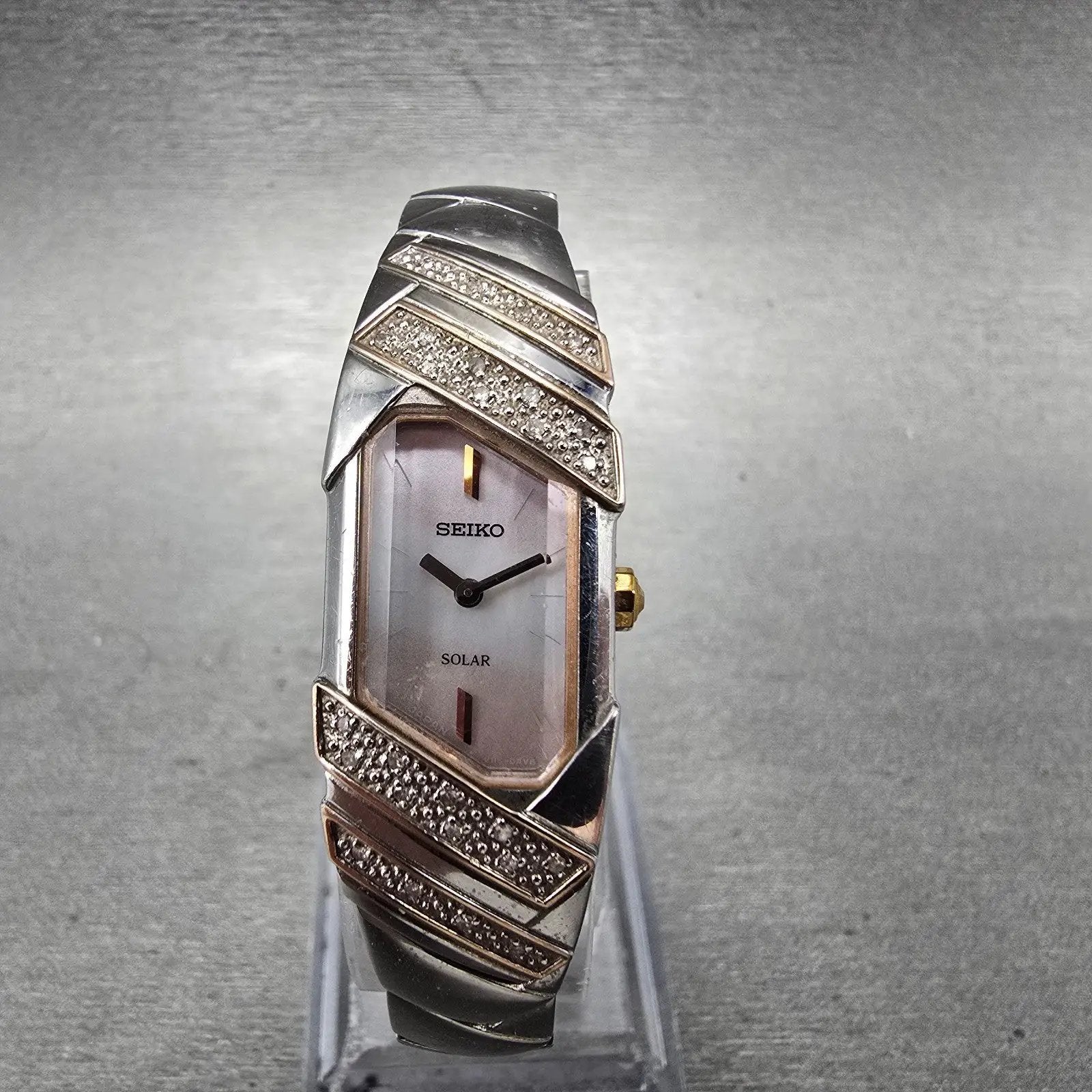 Seiko Solar Tank Watch Women 15mm MOP Dial Two Tone Rectangle V116-0AJ0 Runs0