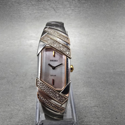Seiko Solar Tank Watch Women 15mm MOP Dial Two Tone Rectangle V116-0AJ0 Runs0