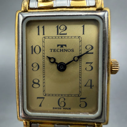 Technos Tank Watch Women 18mm Gold Dial Two Tone  Rectangle New Battery1