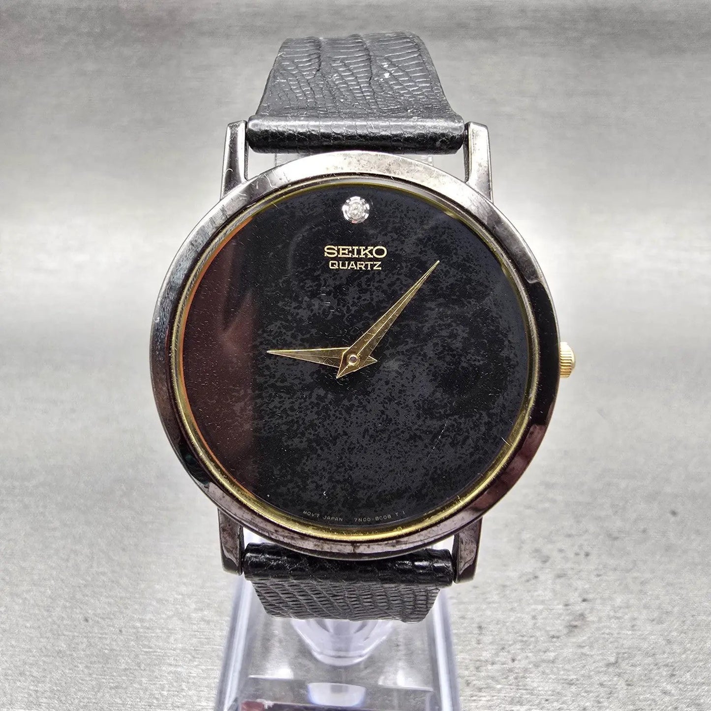 Seiko Watch Men 34mm Black Dial Black Tone Round 7N00-8A49 New Battery Vintage0