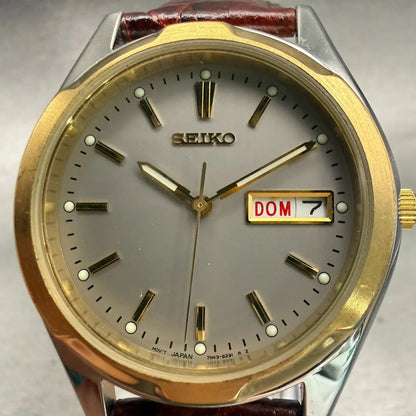 Seiko Watch Men 37mm Silver Dial Two Tone Daydate Round 7N43-8199 New Battery1