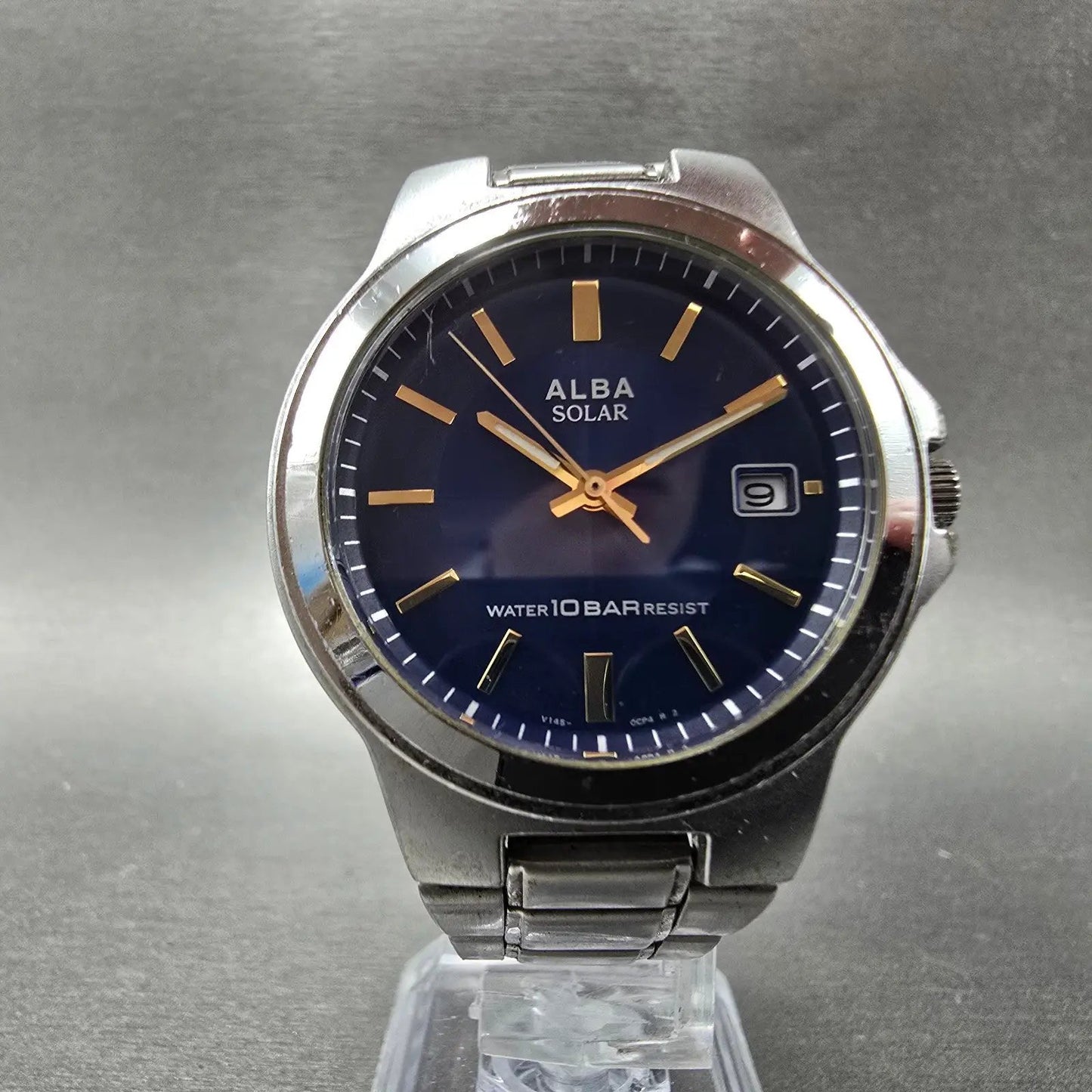 Seiko Alba Solar Watch Men 36mm Blue Dial Silver Tone Date Round V145-0BG0 Runs5