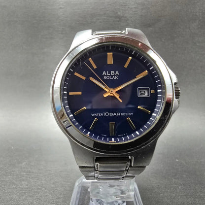 Seiko Alba Solar Watch Men 36mm Blue Dial Silver Tone Date Round V145-0BG0 Runs5