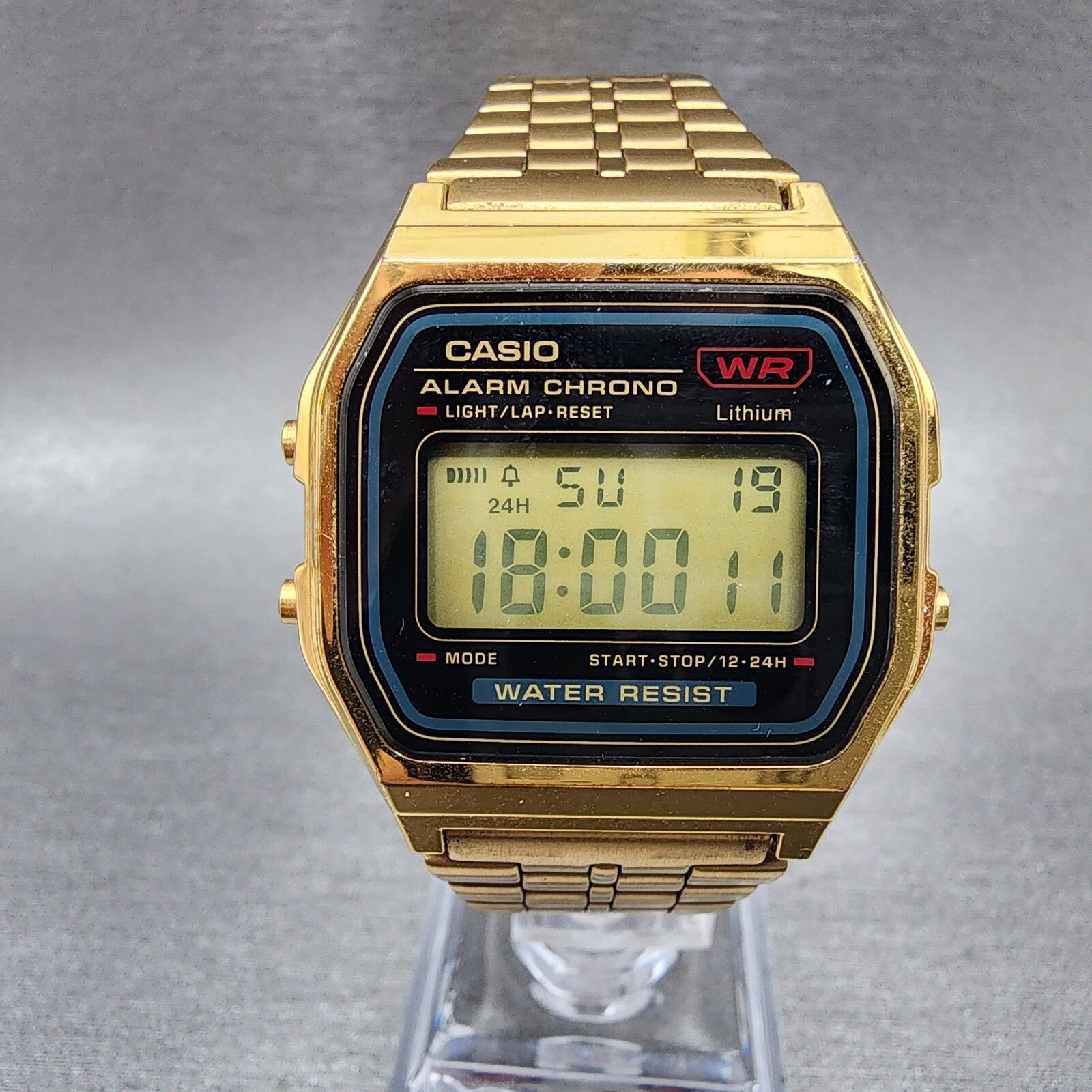 Casio A159 Watch Men 33mm Digital Gold Tone Hexagon Alarm Chrono New Battery0