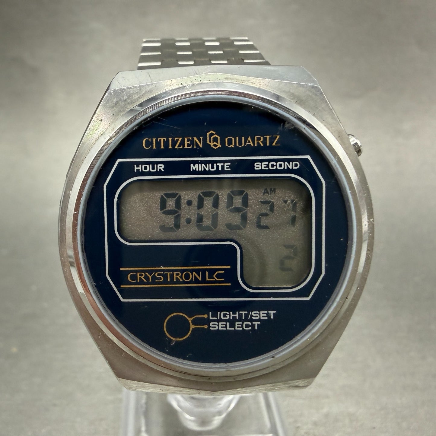 Citizen Crystron LC Watch Men 36mm Blue Dial Steel LCD Round 4-060113 New Batt0