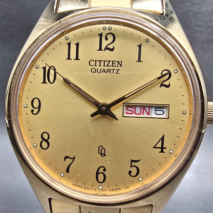 Citizen CQ Mens Watch 36mm Gold Dial Gold Tone Daydate 1100-S63812 New Battery1