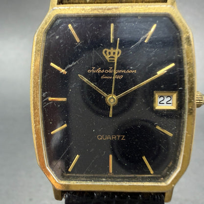 Jules Jurgenson Tank Watch Men 28mm Black Dial Gold Tone Date Rectangle PARTS2