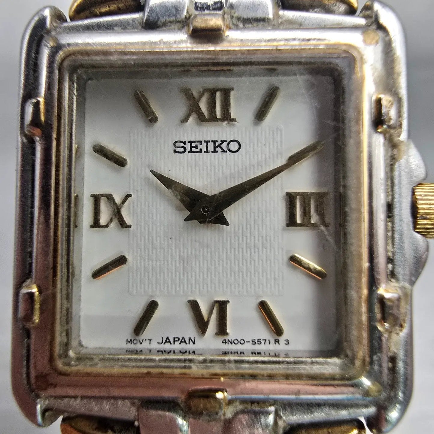 Seiko Watch Women 21mm White Dial Two Tone Rectangle 4N00-7049 New Battery VTG1