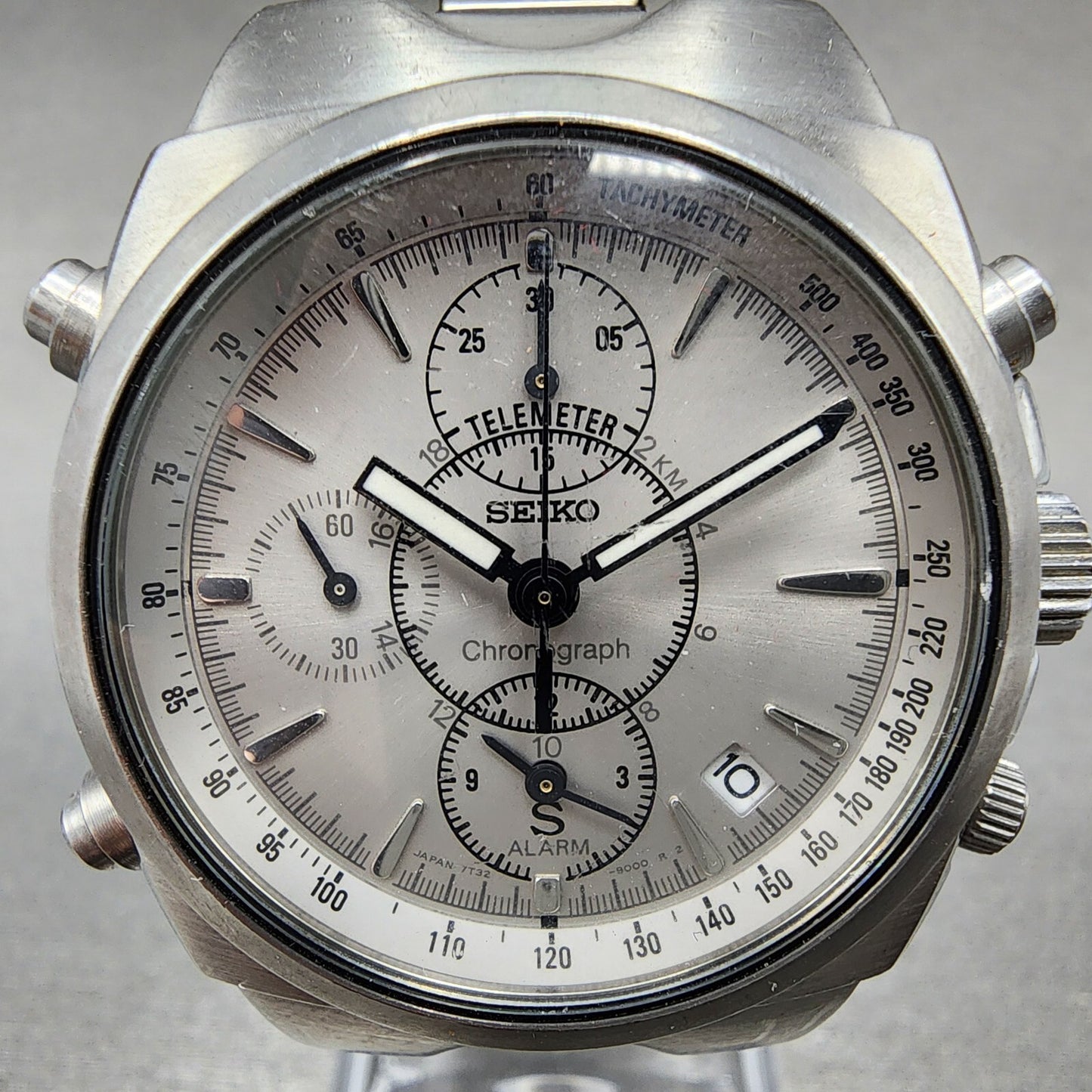 Seiko Chronograph Watch Men 38mm Gray Dial Silver Tone Date 7t32-9000 New Batt