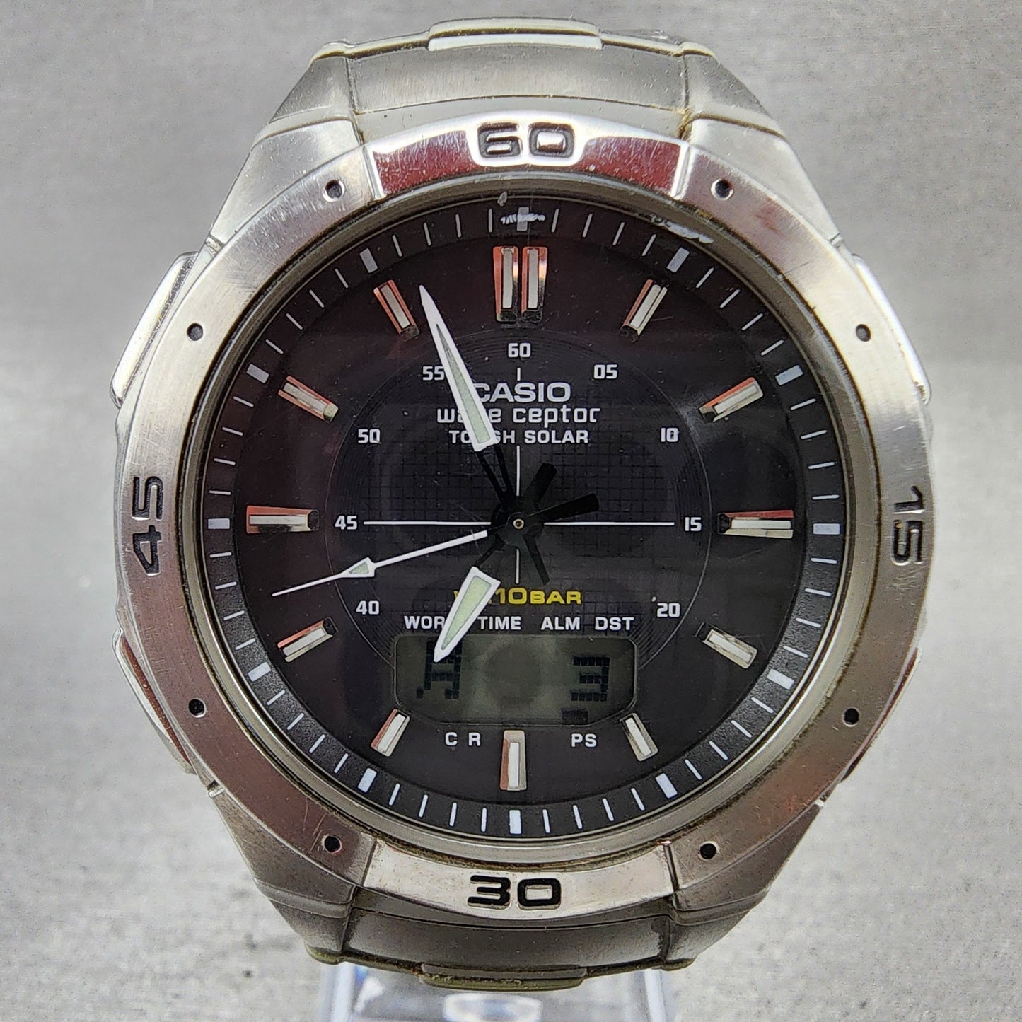 Casio Wave Ceptor Solar Watch Men 42mm Black Dial Analog Digital Steel Runs1