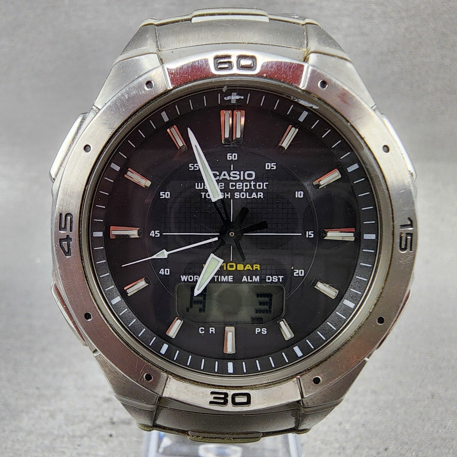 Casio Wave Ceptor Solar Watch Men 42mm Black Dial Analog Digital Steel Runs1