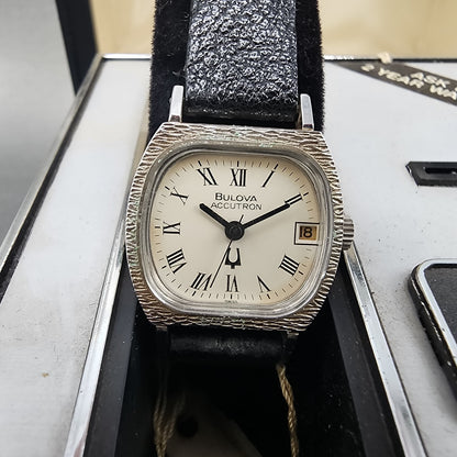 Bulova Accutron Watch Women 23mm White Dial Silver Tone Date N6 NOS PARTS2