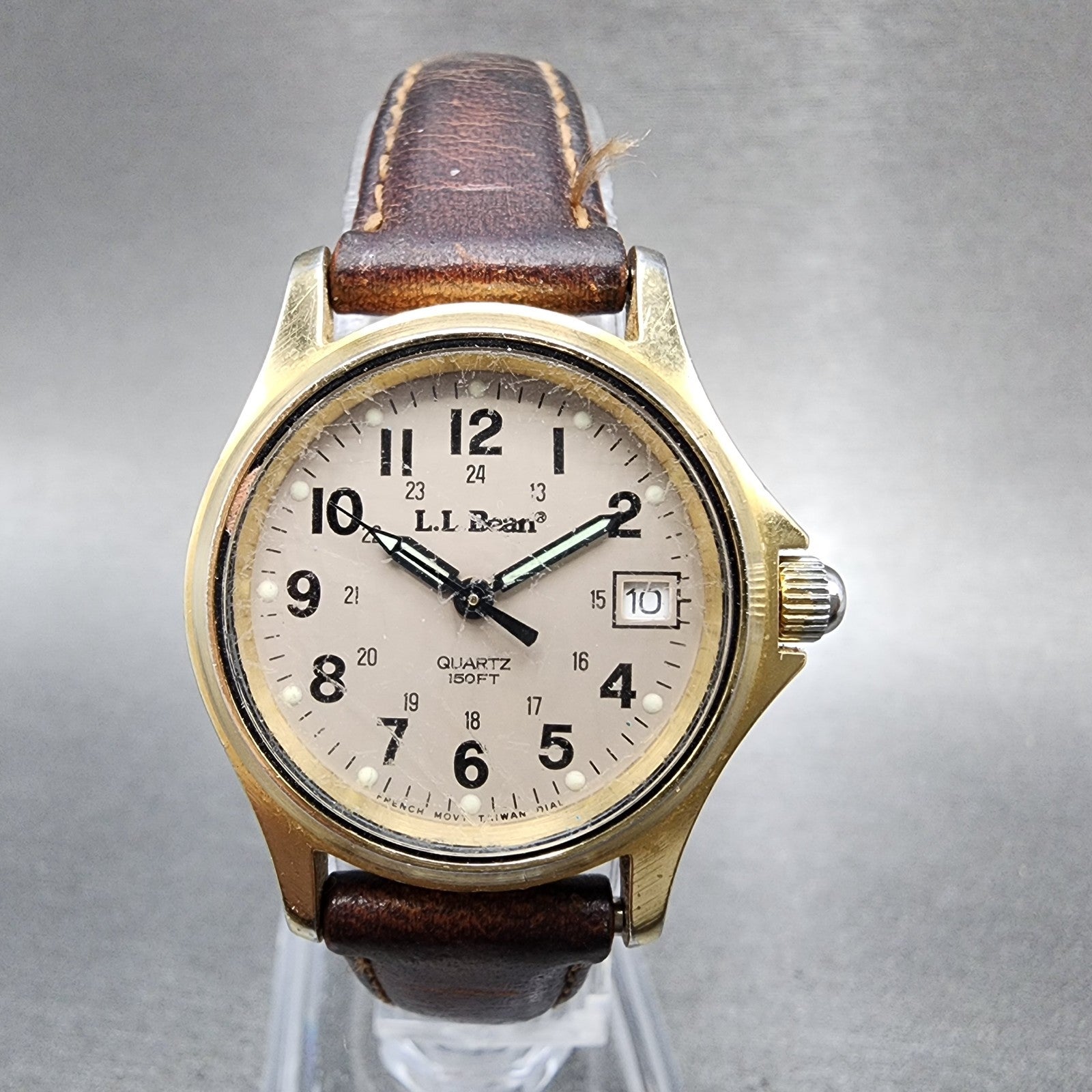 LL Bean Field Watch Women 27mm Gray Dial Gold Tone Date Round Vintage PARTS0