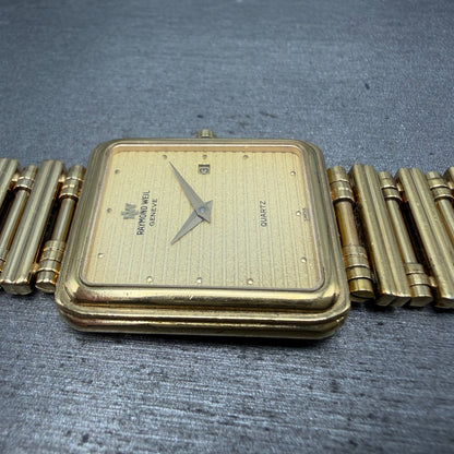 Raymond Weil Tank Watch Men 27mm Gold Dial Gold Plated Date 9983 READ!! New Batt6