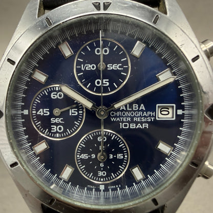 Seiko Alba Chronograph Watch Men 37mm Blue Dial Steel Date 7T92-0CV0 New Battery1