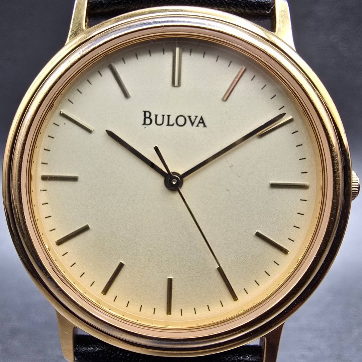 Bulova Watch Men 32mm Champagne Dial Gold Tone Round Leather  New Battery1