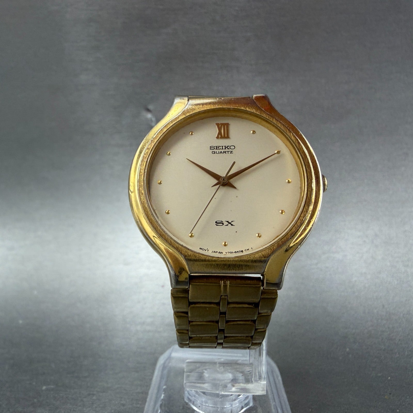 Seiko SX Watch Men 34mm Cream Dial Gold Tone Round Vinatge V701-6K00 New Battery5