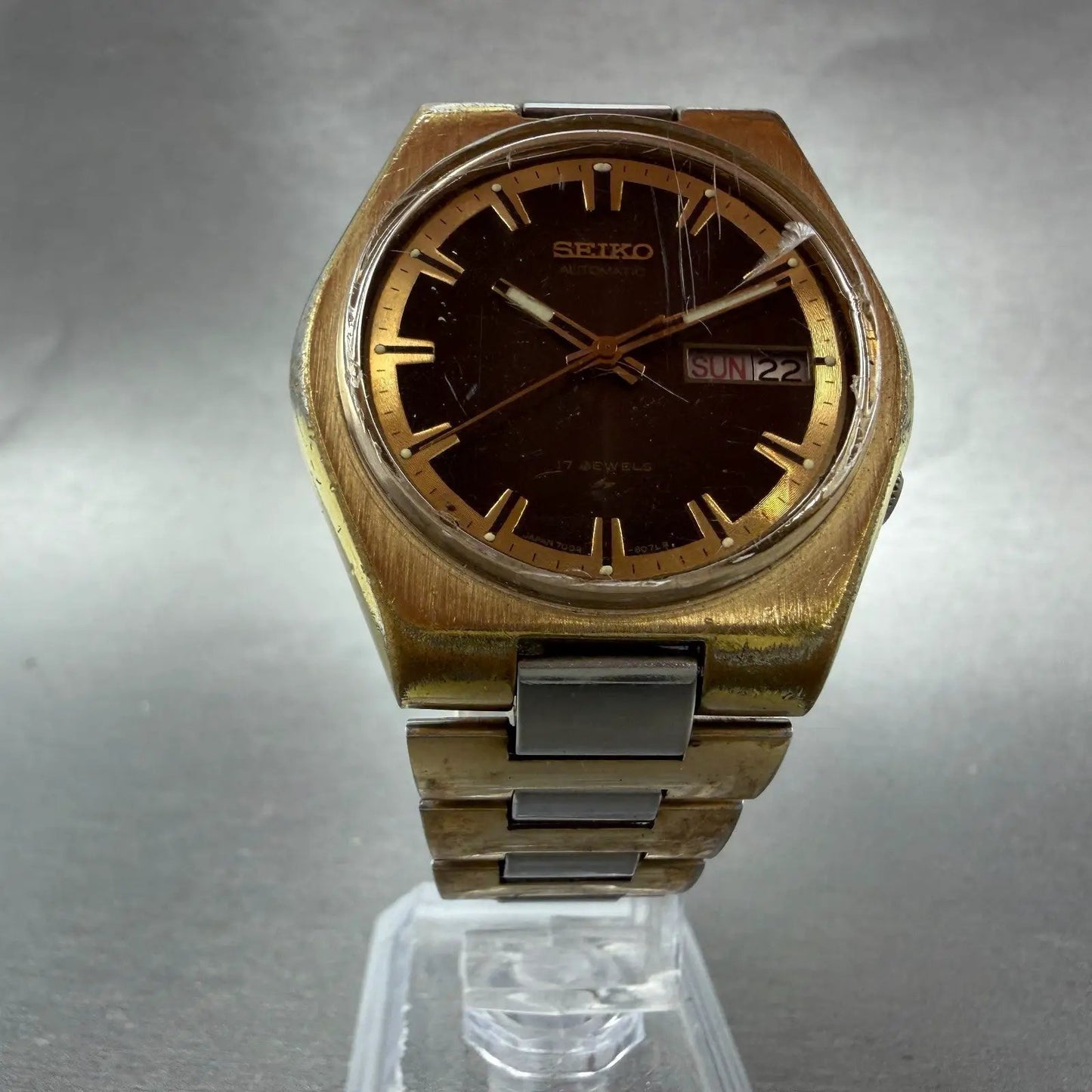 Seiko Automatic Watch Men 38mm Brown Dial Two Tone Daydate 7009-8079 Runs VTG5