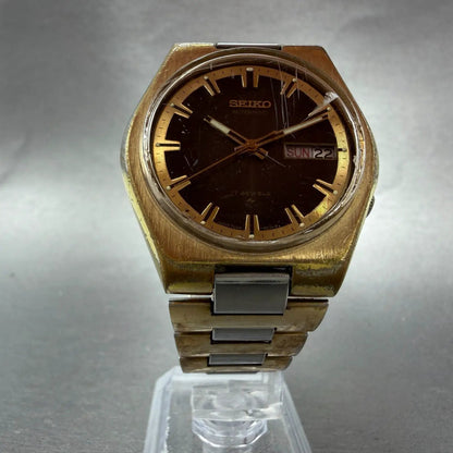 Seiko Automatic Watch Men 38mm Brown Dial Two Tone Daydate 7009-8079 Runs VTG5