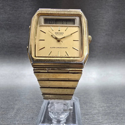 Seiko Watch Men 31mm Gold Dial Gold Tone Chrono Alarm H557-5319 New Battery5