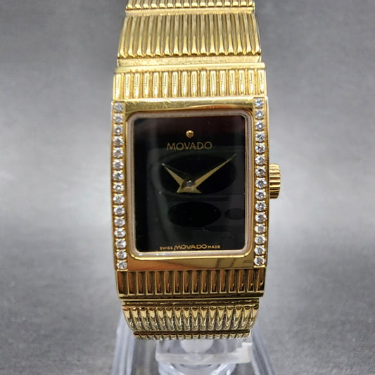 Movado Concerto Tank Watch Women 16mm Black Dial Gold Tone Diamond Bezel New Bat0