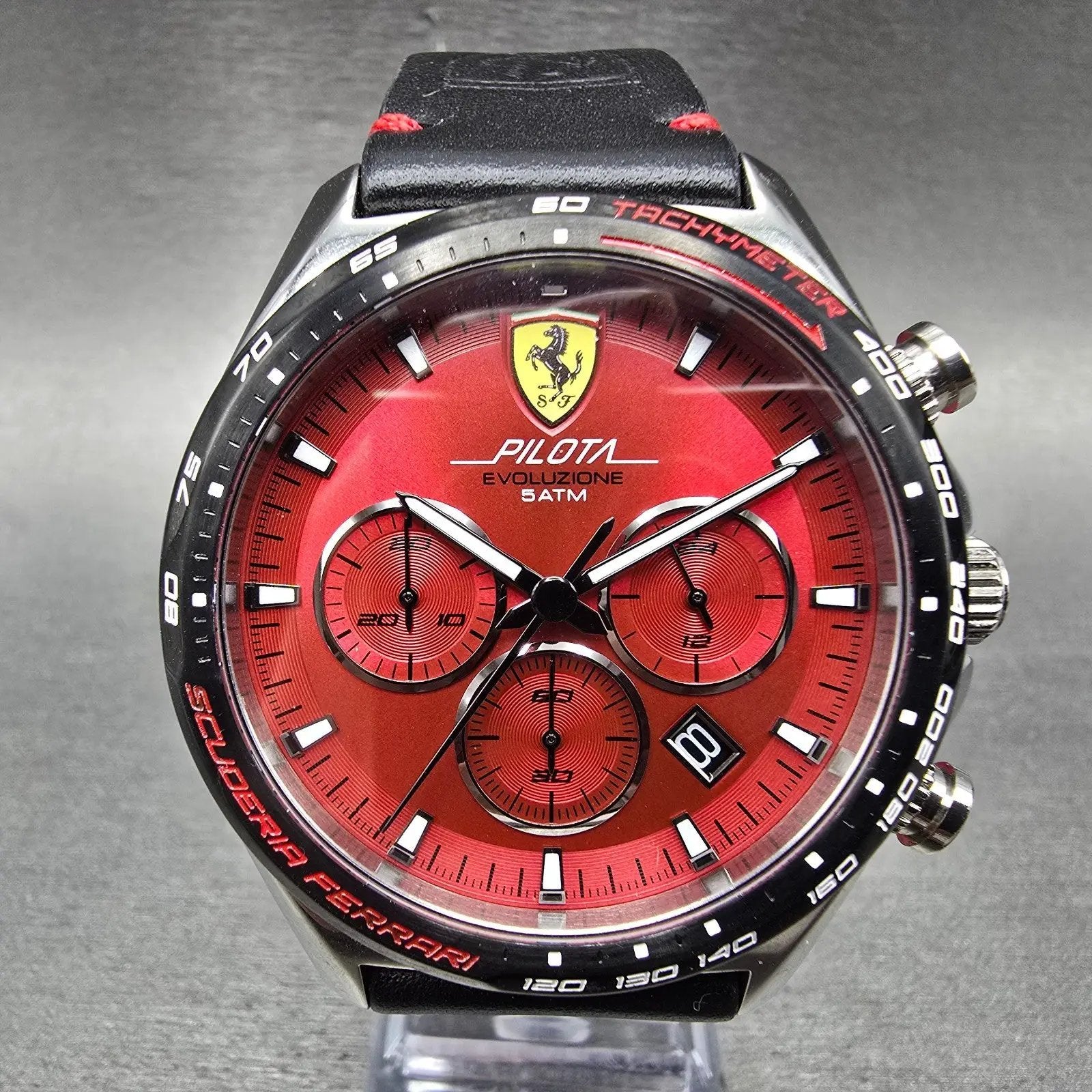 Scuderia Ferrari Pilota Evo chronograph watch 44mm Red Dial Steel Date New Batt0