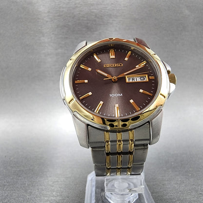 Seiko Watch Men 39mm Black Dial Two Tone Round Daydate 7n430az0 New Batttery5