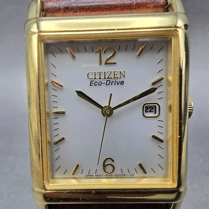 Citizen Eco-Drive Tank Watch Men 25mm White Dial Gold Date E010-S001579 Works HG1