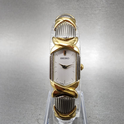 Seiko Watch Women 14mm White Dial Two Tone Rectangle 2E20-7389 New Battery