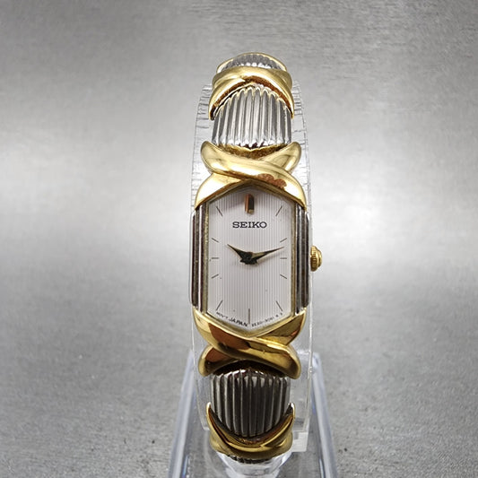 Seiko Watch Women 14mm White Dial Two Tone Rectangle 2E20-7389 New Battery