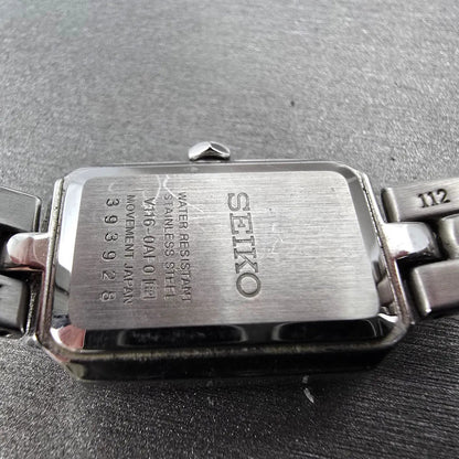Seiko Solar Watch Women 17mm MOP Dial Steel Rectangle Crystals V116-0AF0 Works10