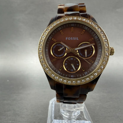 Fossil Stella Watch Women 37mm Brown Dial Brown Tortoise Daydate ES2795 New batt5