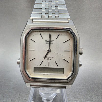Casio AQ351 Watch Men 31mm Silver Dial Silver Tone Rectangle Alarm Chrono PARTS0