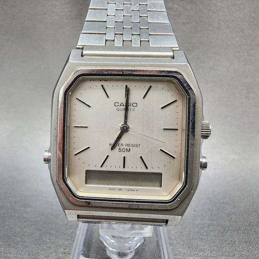 Casio AQ351 Watch Men 31mm Silver Dial Silver Tone Rectangle Alarm Chrono PARTS0