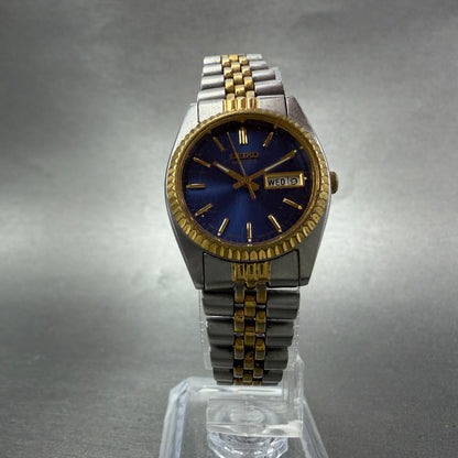 Seiko Watch Women 24mm Blue Dial Two Tone Daydate Round 7N83-0041 New Batt FR45