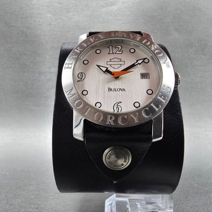 Bulova Harley Davidson Watch Men 36mm Silver Dial Silver Tone Date 76B00 New Bat5