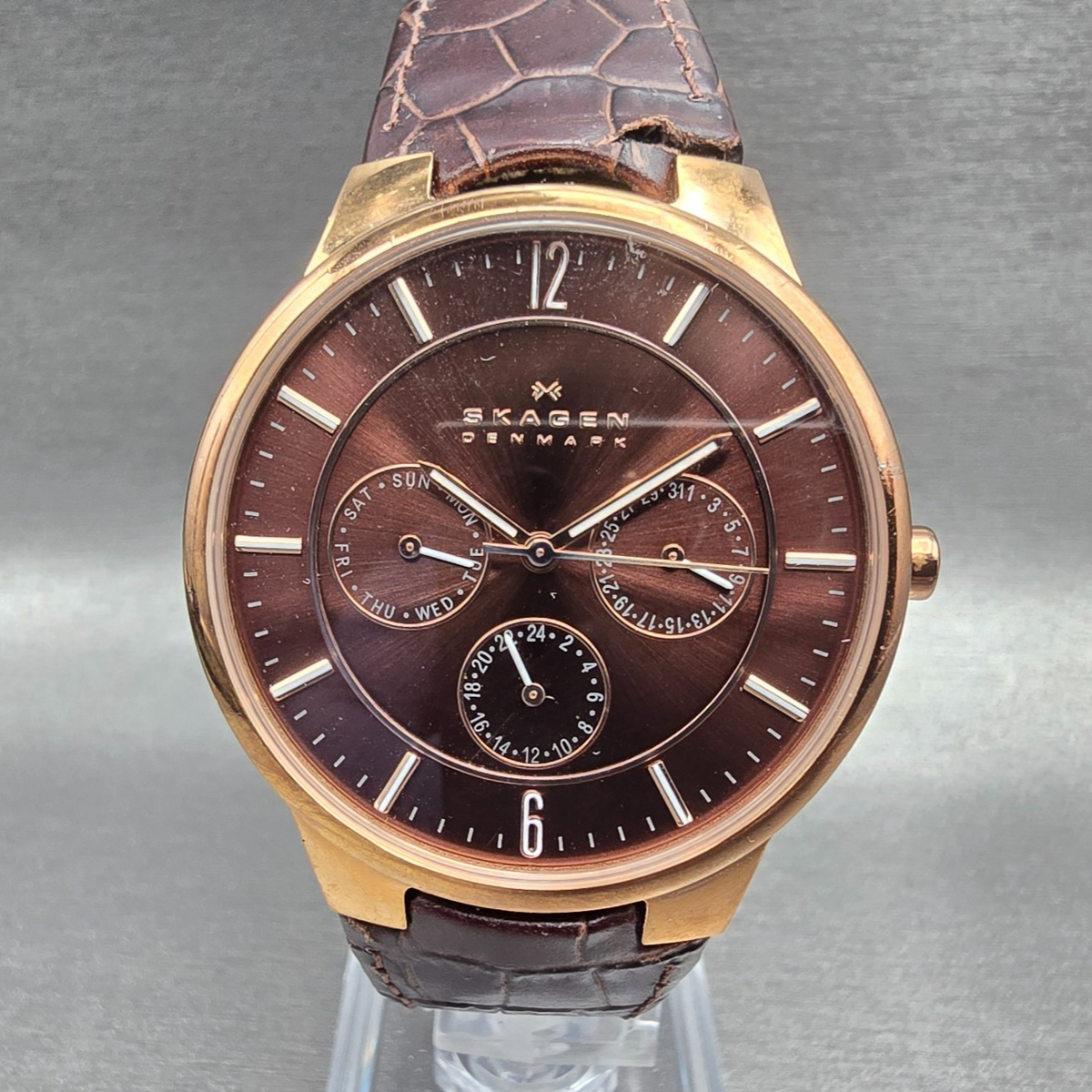 Skagen Watch Men 38mm Brown Dial Rose Gold Daydate Round 331XLRLD New Batt READ0