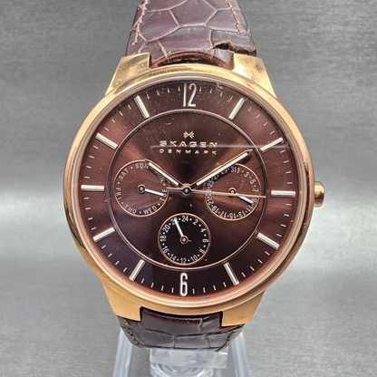 Skagen Watch Men 38mm Brown Dial Rose Gold Daydate Round 331XLRLD New Batt READ0
